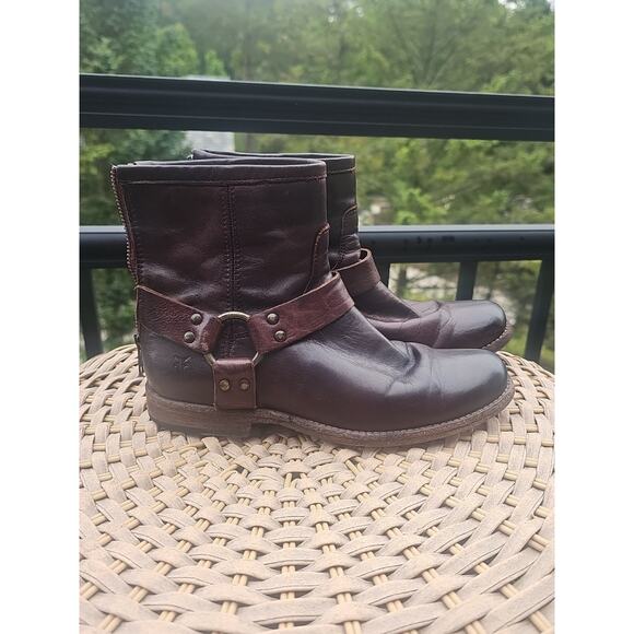 Frye Phillip Harness Short Brown Leather Motorcycle Rear Zip Boots Women's 5.5 B - Picture 1 of 14